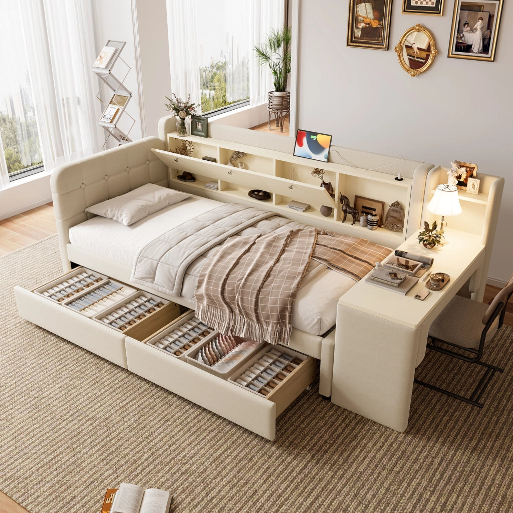 Letto a Divanetto 90x200 cm; 2 Cassetti; Scrivania; USB e Type-C; in Lino; Beige