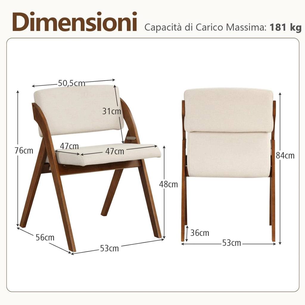 Set 2 Sedie da Pranzo, Sedia da Cucina Pieghevole con Gambe in Legno di Gomma, Sedile e Schienale Imbottiti, Sedia Portatile per Casa Ufficio Matrimonio, Portata 160 kg (Marrone)