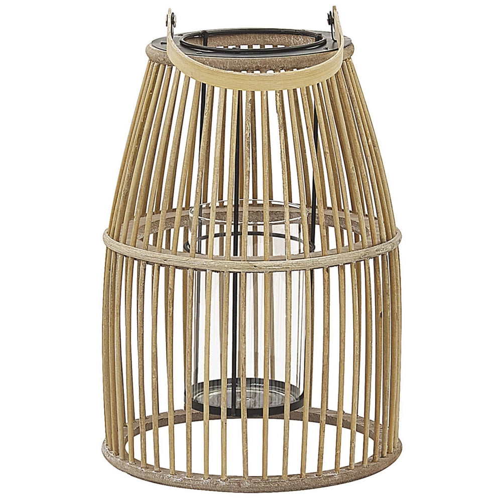 Lanterna in legno di bambù beige 32 cm con supporto in vetro stile boho per interni ed esterni