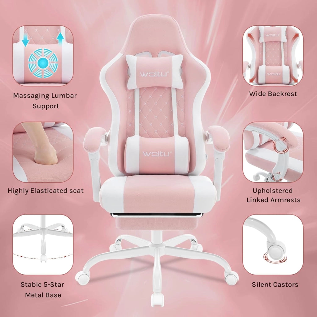 Sedia Gaming con Massaggio, Poltrona Ufficio Ergonomica, Ampia Sedia Girevole Imbottita per Computer con Cuscino Lombare Massaggiante, Carico 150 Kg, Tessuto a rete Rosa+Bianco
