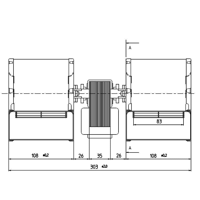 Ventilatore centrifugo Doppia aspirazione EMMEVI FERGAS 207700 CFD-da 80X83-35; per Stufa a Pellet - Lungo 303 mm Bocchette 2 x 108x50mm