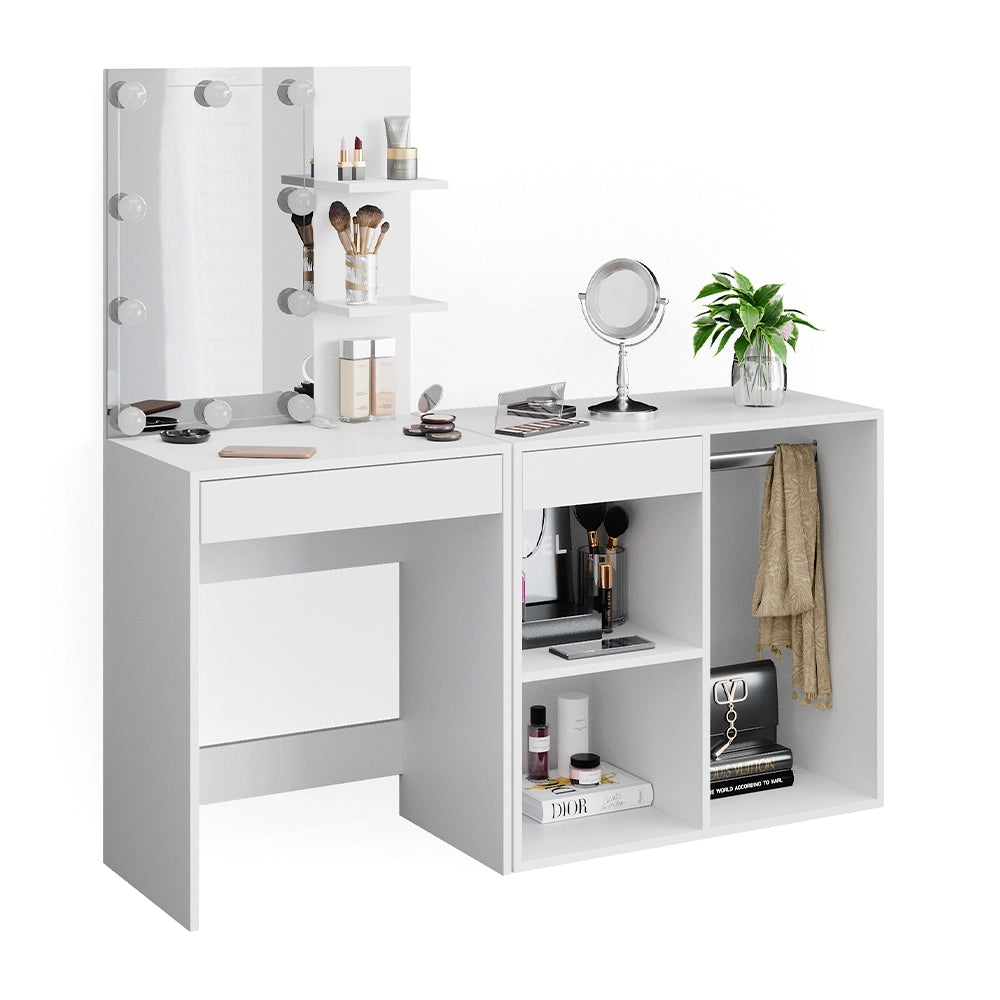 Vicco Tavolo da toeletta Bianco 140 cm con illuminazione LED e armadio