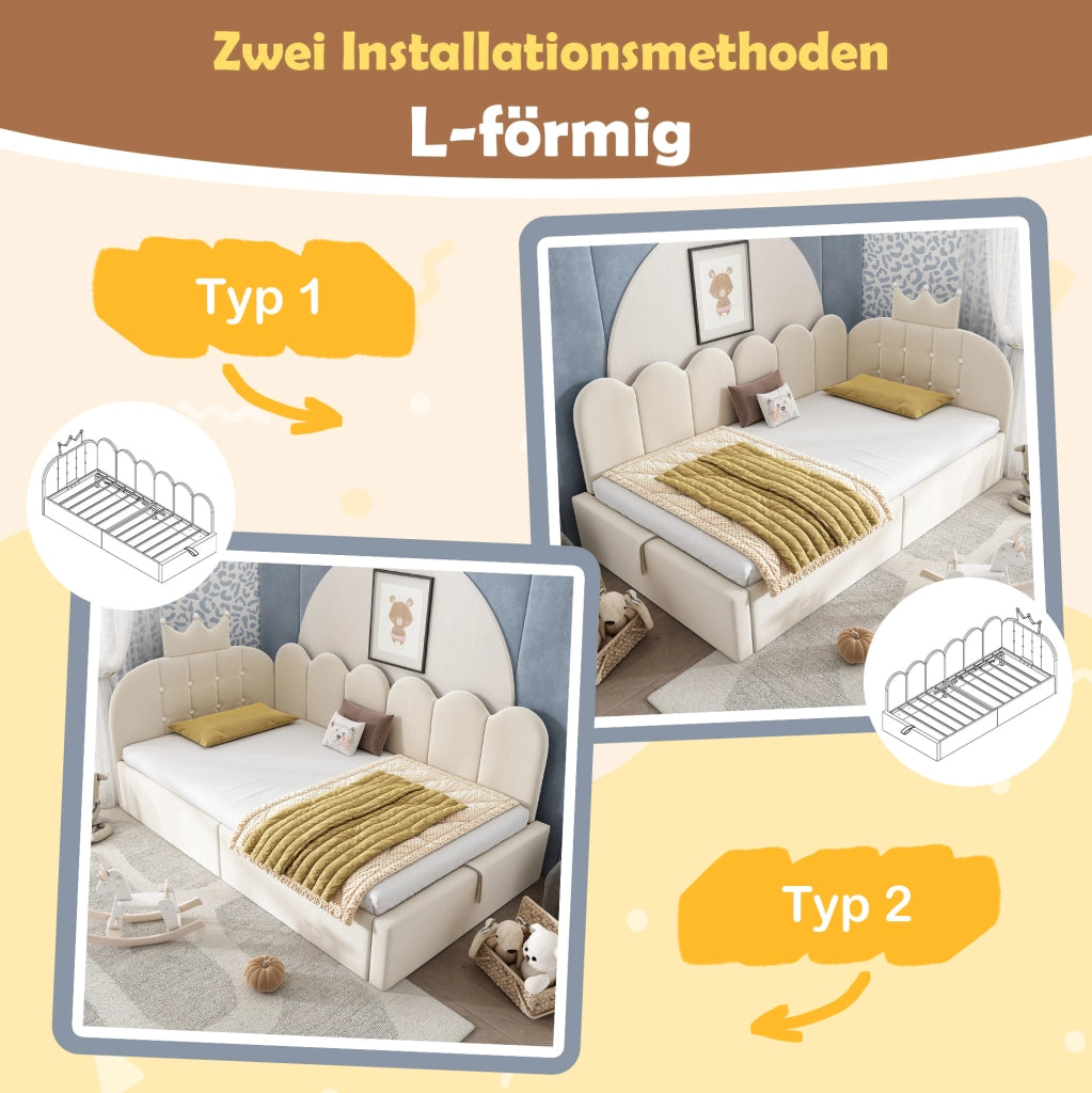 Letto singolo daybed 90x190 cm in velluto beige con contenitore e design a corona