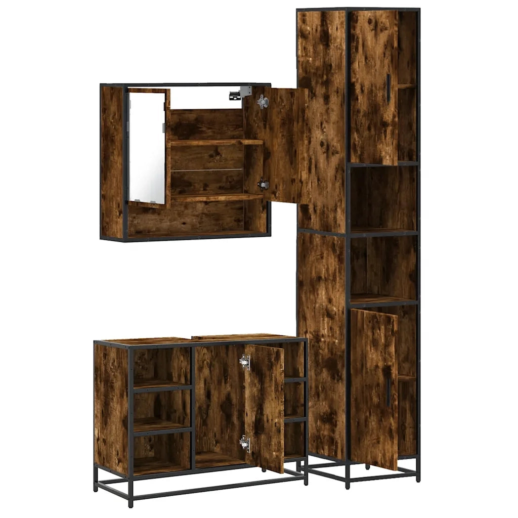Set Mobili da Bagno 3 pz Rovere Fumo in Legno Multistrato