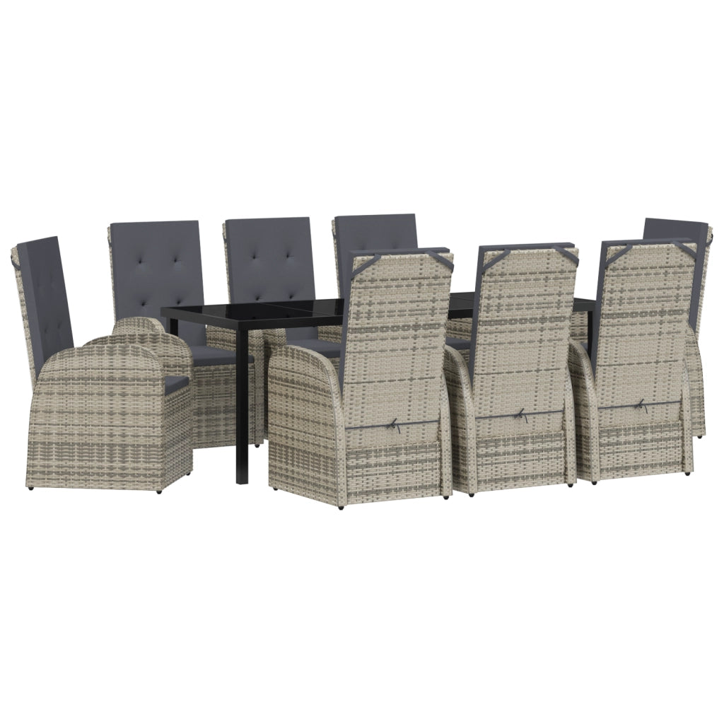 Set da pranzo da giardino 9 pezzi con cuscini in polyrattan grigio