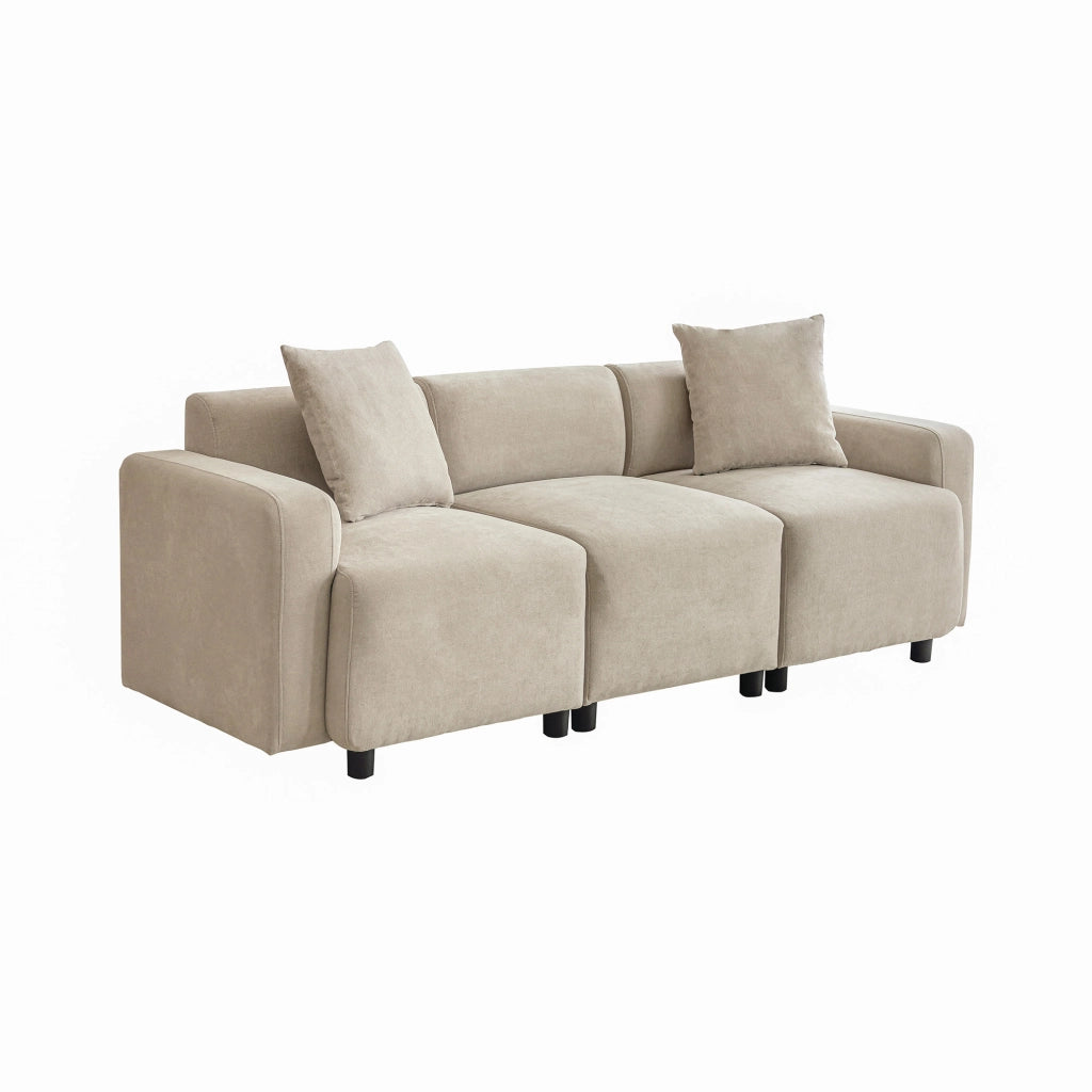 Sofa 3-4 posti in tessuto Chenille beige, design moderno con 2 cuscini, seduta ampia 57 cm