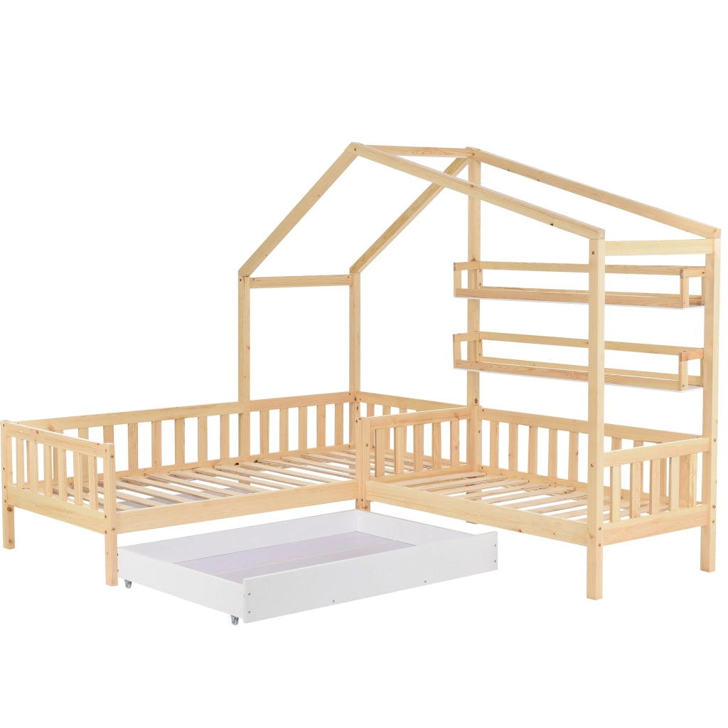 Letto a casetta 243x208x183 cm con cassetto e ripiani in legno naturale