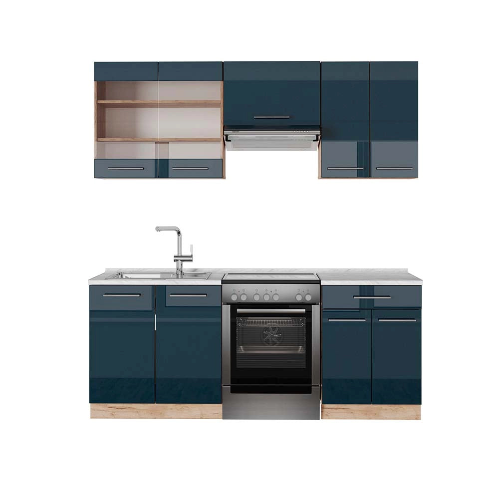 Armadi da cucina Fame-Line Blu scuro lucido/Rovere dorato 200 cm, PL Marmo Vicco