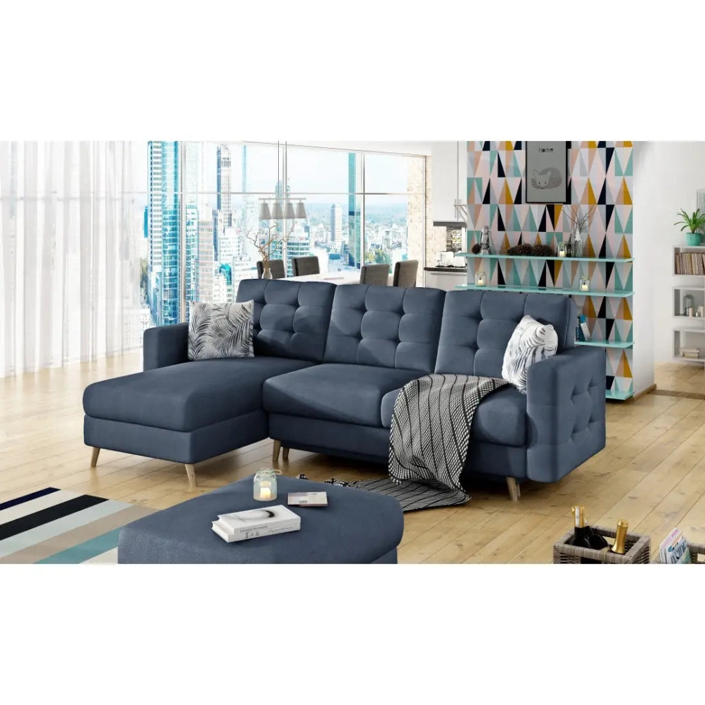 Divano angolare convertibile HASGARD 3 posti blu scuro 248x162 cm – con contenitore e piedi in legno