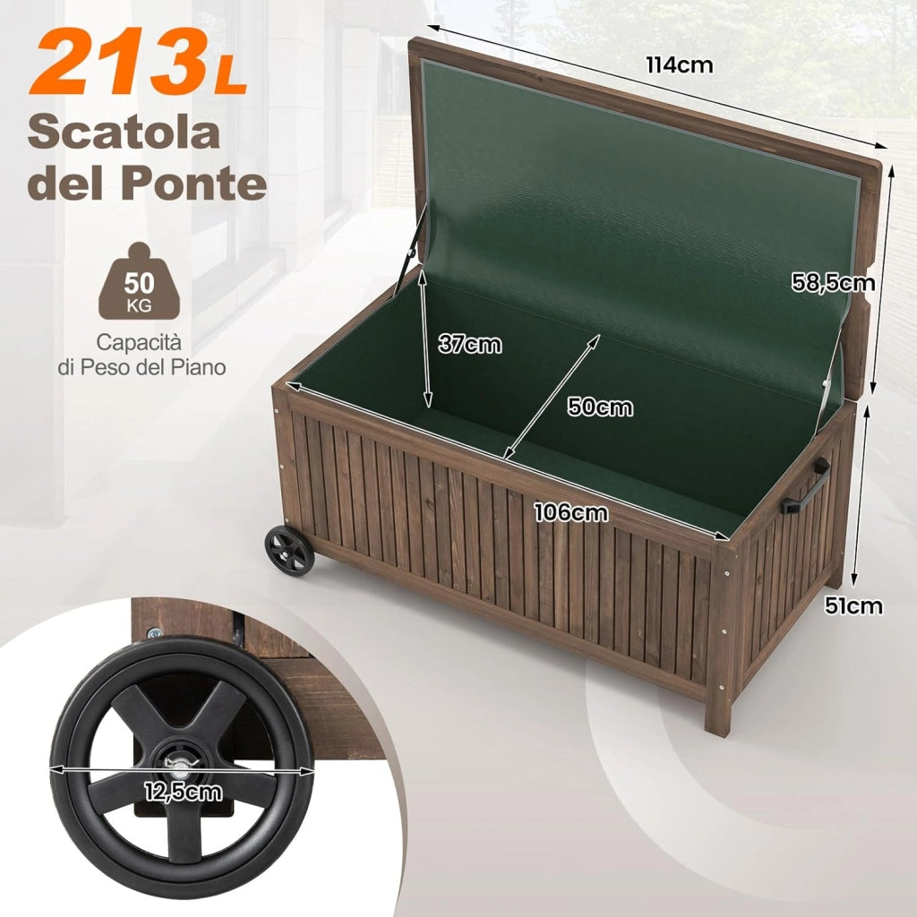 Baule da Giardino in Legno 213 L, Baule da Esterno con Ruote e Maniglie, Interna Resistente all'Acqua, Contenitore Salvaspazio da esterno armadio, 114 x 58,5 x 51 cm (Modello 4)