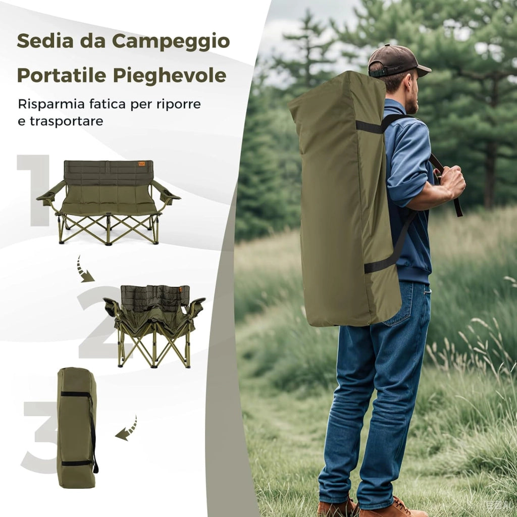 Sedia da Campeggio per 2/3 Persone, Divano per Picnic Pieghevole con Braccioli Regolabili e Portabicchieri, Sedia da Esterno Portatile con Borsa da Trasporto (147 x 69 x 82 cm,Verde)