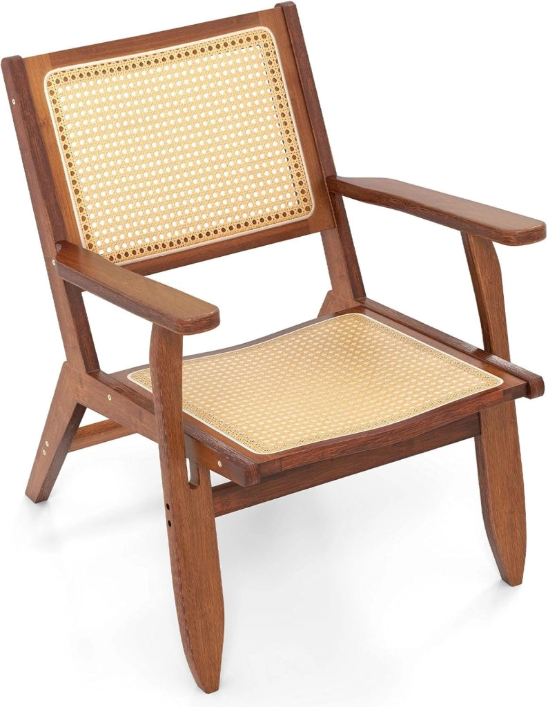 Poltrona Lounge, Poltrona Ergonomica in Rettan e Bambù con Schienale e Braccioli, Portata 150 kg, Sedia Bohemien per Soggiorno, Camera da Letto e Studio