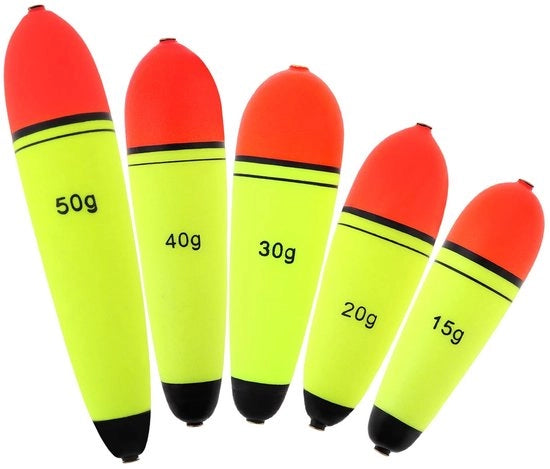 Dobber EVA schiuma - 5 pezzi - Drijvers 15g/20g/30g/40g/50g - Bobber a scivolo - Forma ovale - Rosso & Giallo - Float per pescatori