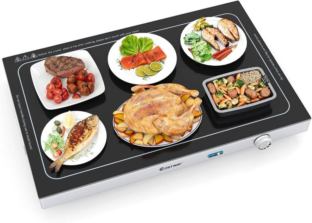COSTWAY Vassoio Riscaldante Elettrico, con Temperatura Regolabile, Scaldavivande in Vetro Temperato con Termostato per Buffet, Feste ed Eventi, 50 x 29 cm