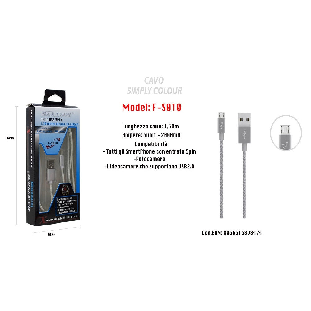 Trade Shop - Cavo Simply Colour Per Smartphone 5volt - 2000ma Lunghezza 1,5mt Maxtech F-s010 -