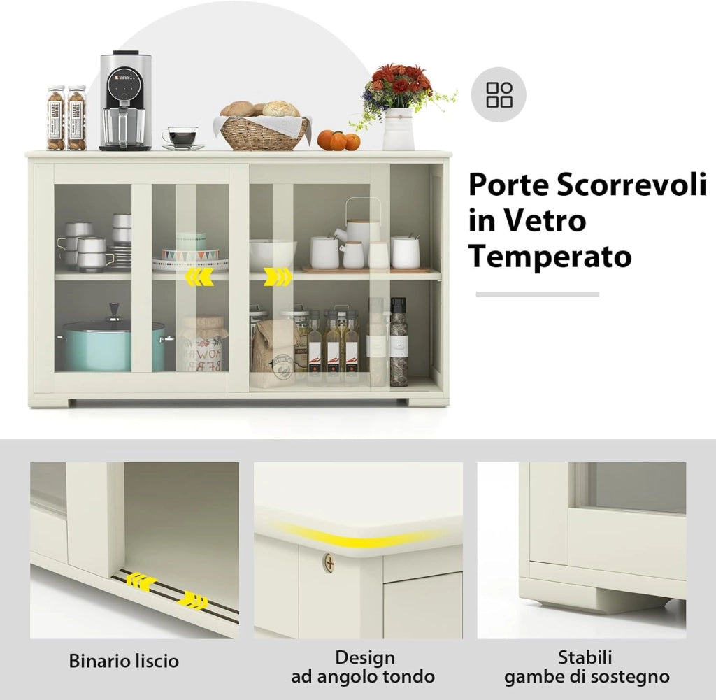 Armadietto da Cucina Mobile Laterale Multiuso con Ante Scorrevoli, in Legno e Vetro, 106,5 x 33 x 62,5 cm (Bianco Crema)