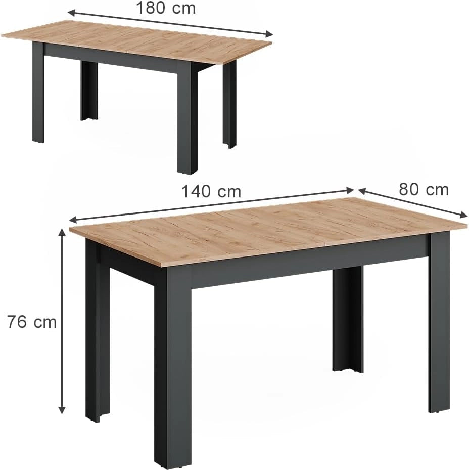 tavolo da pranzo allungabile Repose, Antracite/quercia dorata, 180 x 80 cm Estensibile, per un utilizzo flessibile come tavolo da pranzo o da lavoro