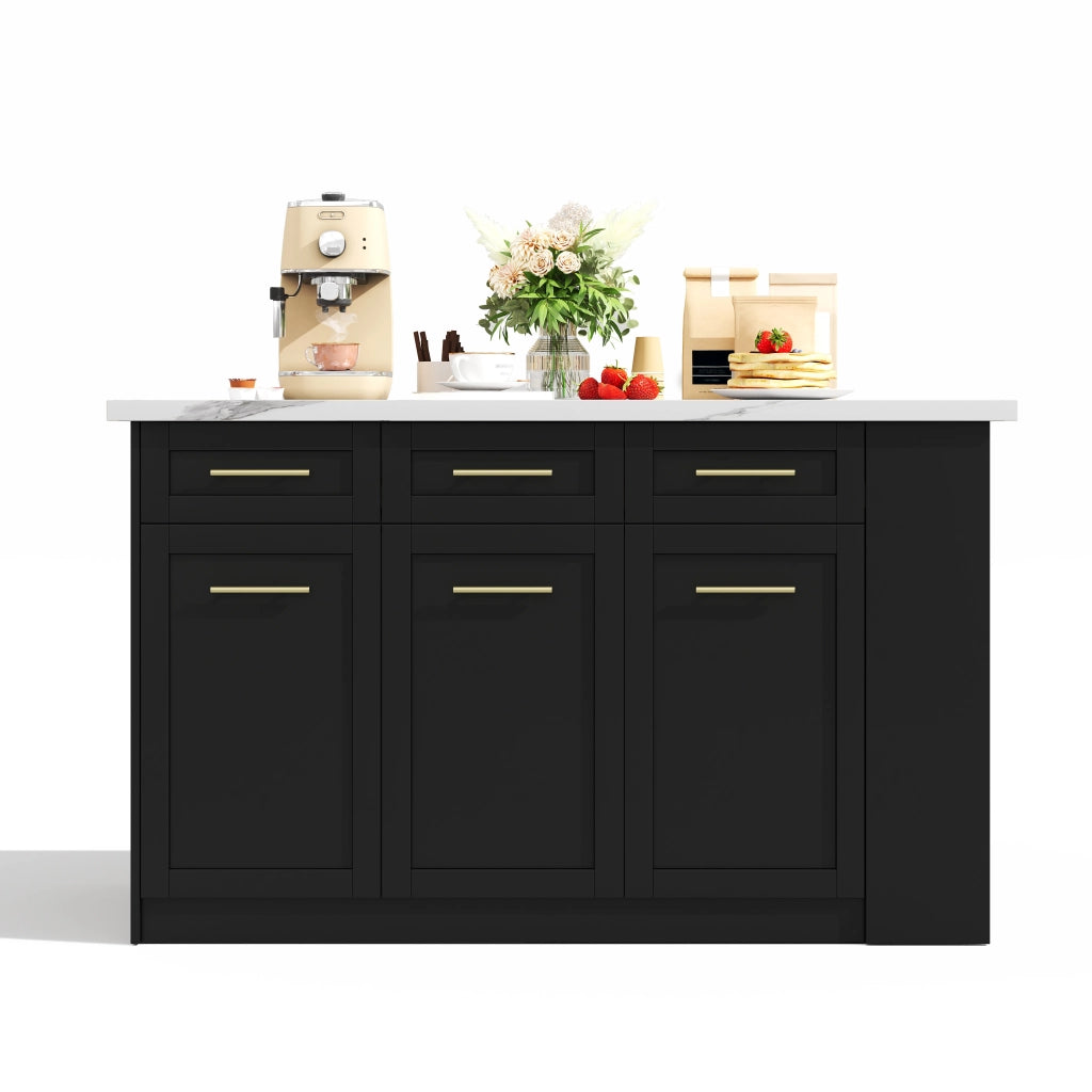 Isola da Cucina Nera 150/246x90x90 cm con Tavolo Estraibile 96 cm; Piano Effetto Marmo; 6 Cassetti e Ripiani
