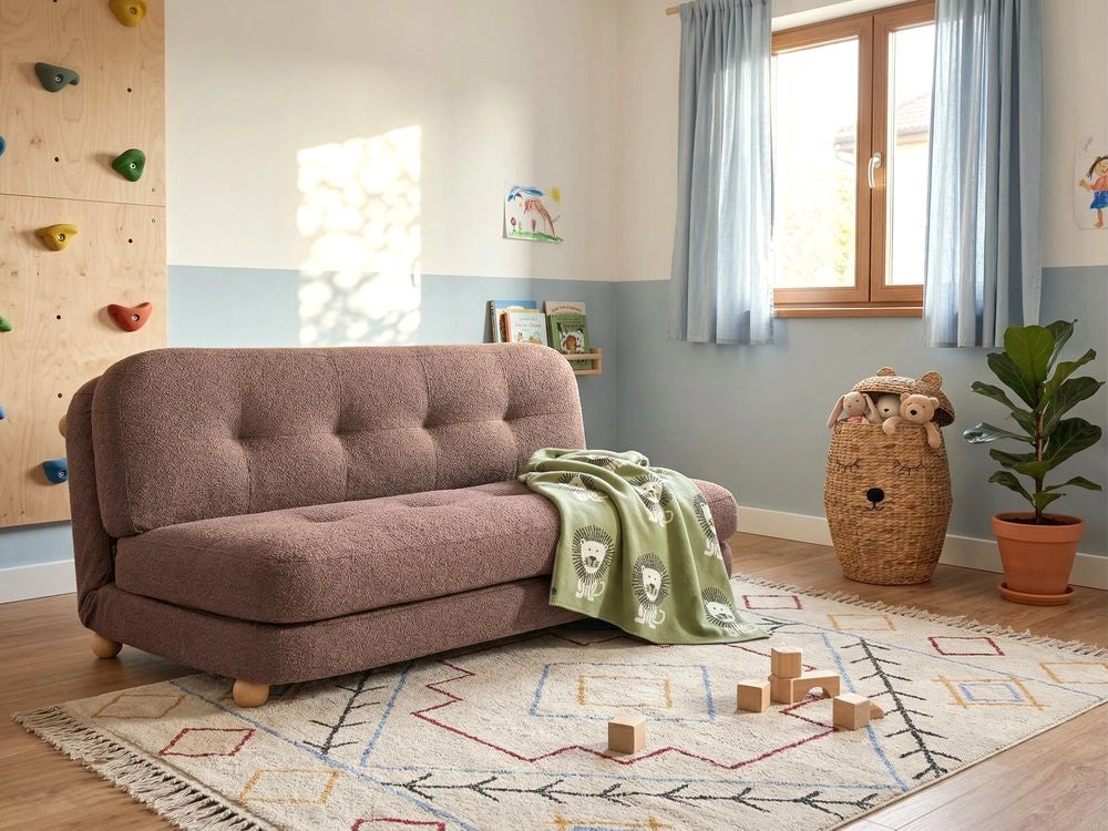Divano letto marrone rivestimento in finto lino gambe in legno 2 posti funzione letto trapuntato soggiorno camera da letto camera degli ospiti