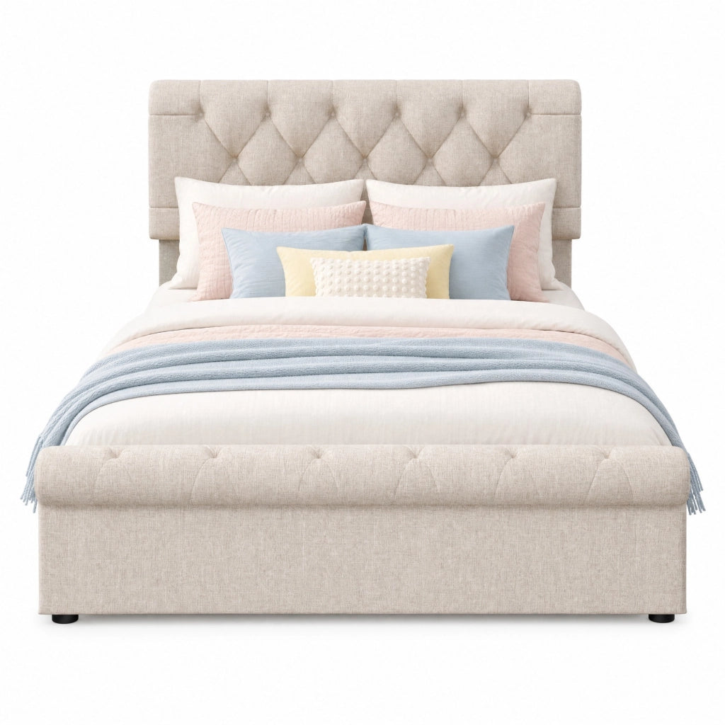 Letto matrimoniale imbottito 140x200 naturale con 4 cassetti e materasso