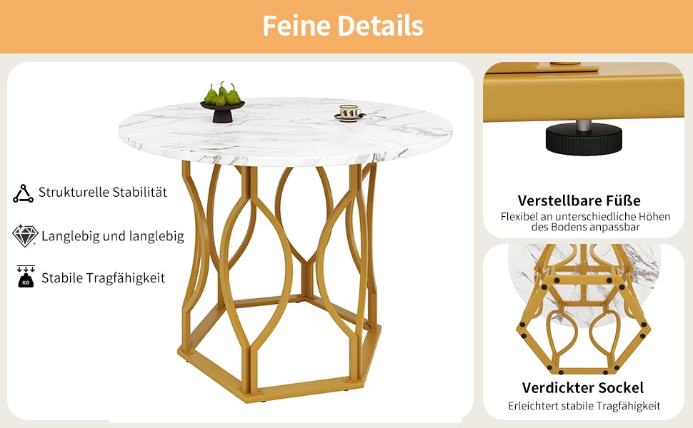 Tavolo da Pranzo Rotondo con 4 Sedie ¨C MINIMAL ¨C Piano MDF Bianco, Gambe Metallo Oro, Sedie Velluto Verde, ?100cm