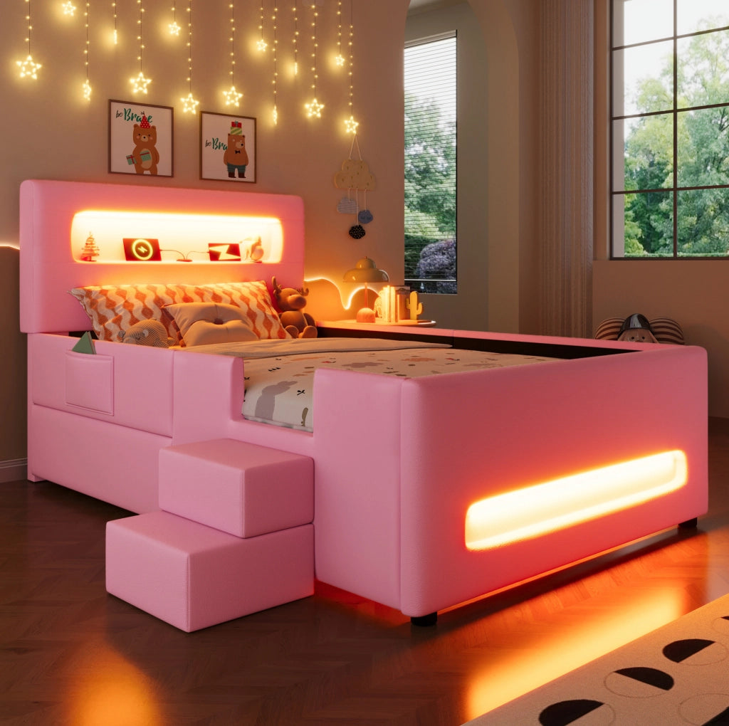 Letto piattaforma imbottito 90x200 cm rosa con cassetti, scala, luci LED e porte USB
