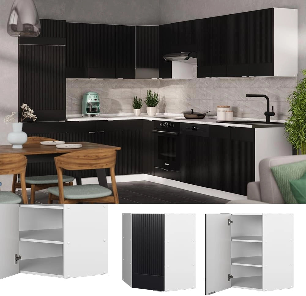 Mobile angolare da cucina Fame-Line, Nero a righe, 57 cm, per la combinazione con altri moduli della serie Fame-Line