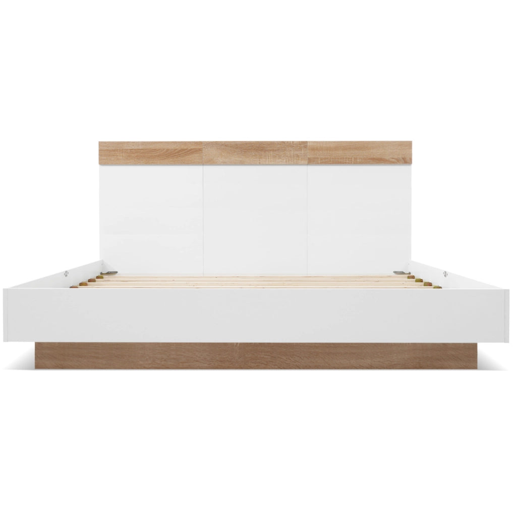 Letto matrimoniale 160x200 cm con testiera e rete a doghe; legno bianco e rovere Sonoma