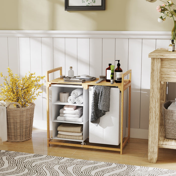 Cesto Portabiancheria 70x36x70 cm con 2 Borse Estraibili e Ripiano in Bambù Bianco