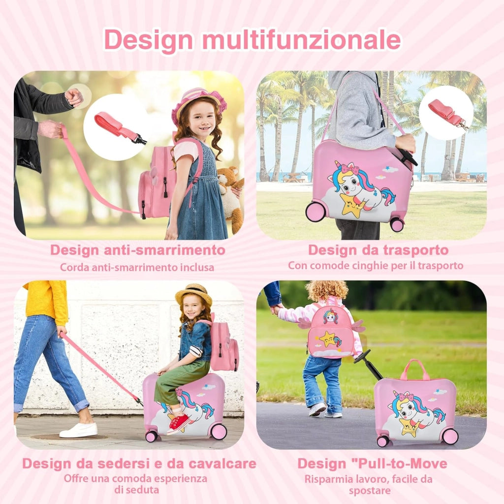 Valigia Cavalcabile per Bambini, 18" Valigia+ 12" Zaino,2 Pezzi, Trolley Bambini Bagaglio a Mano con Ruote Girevoli e Maniglia Retrattile, 2 Cingie Multiuso (Modello 5)