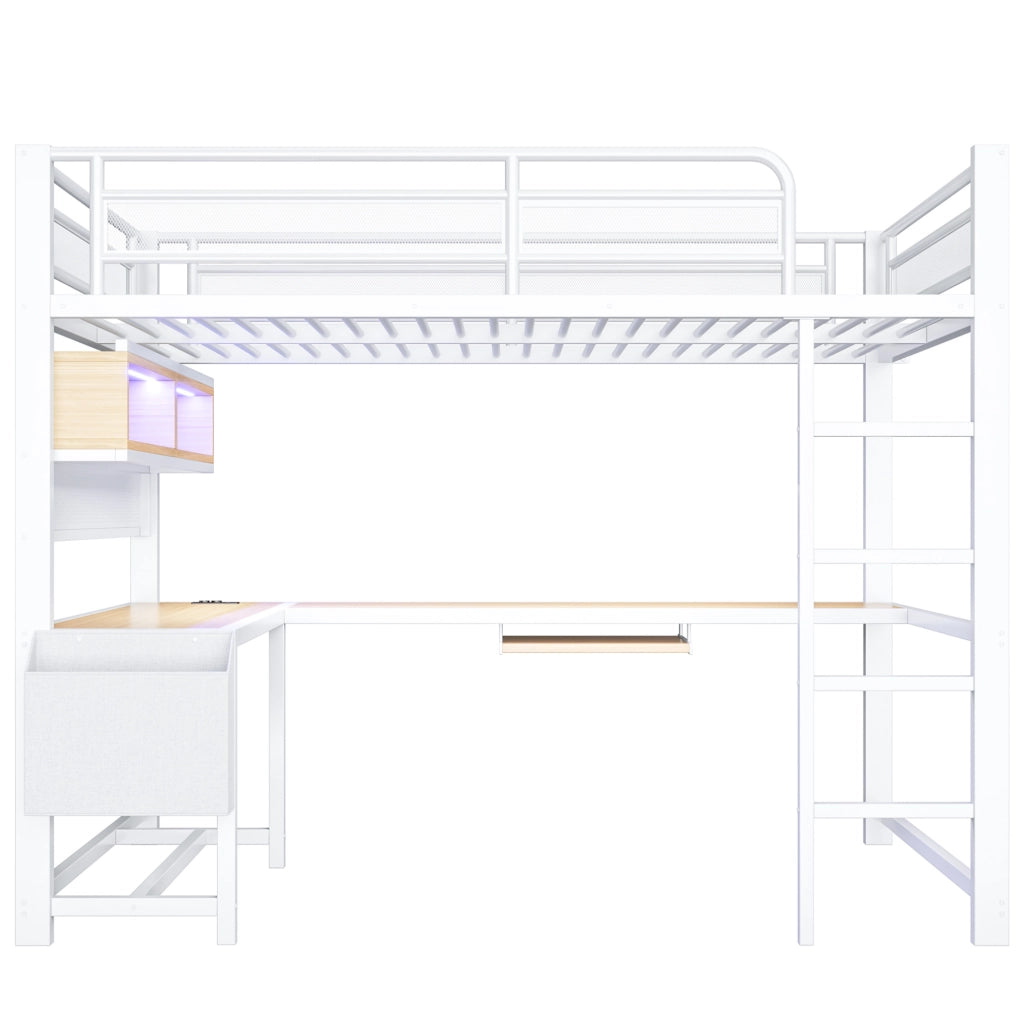 Letto a soppalco 140x200 cm con scrivania; LED e stazione di ricarica in MDF e metallo bianco
