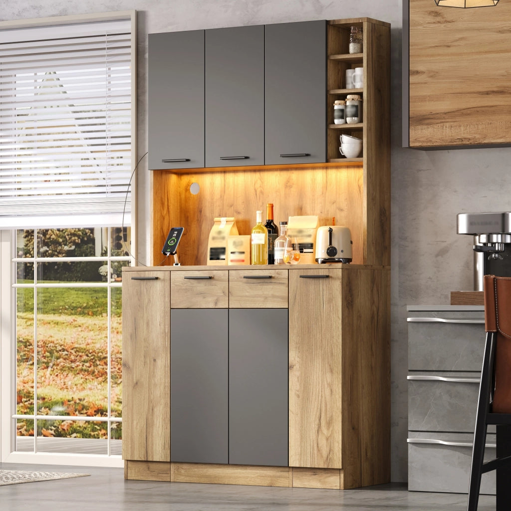 Credenza alta multifunzione con LED, prese e vani portaoggetti, 100 × 40 × 180 cm