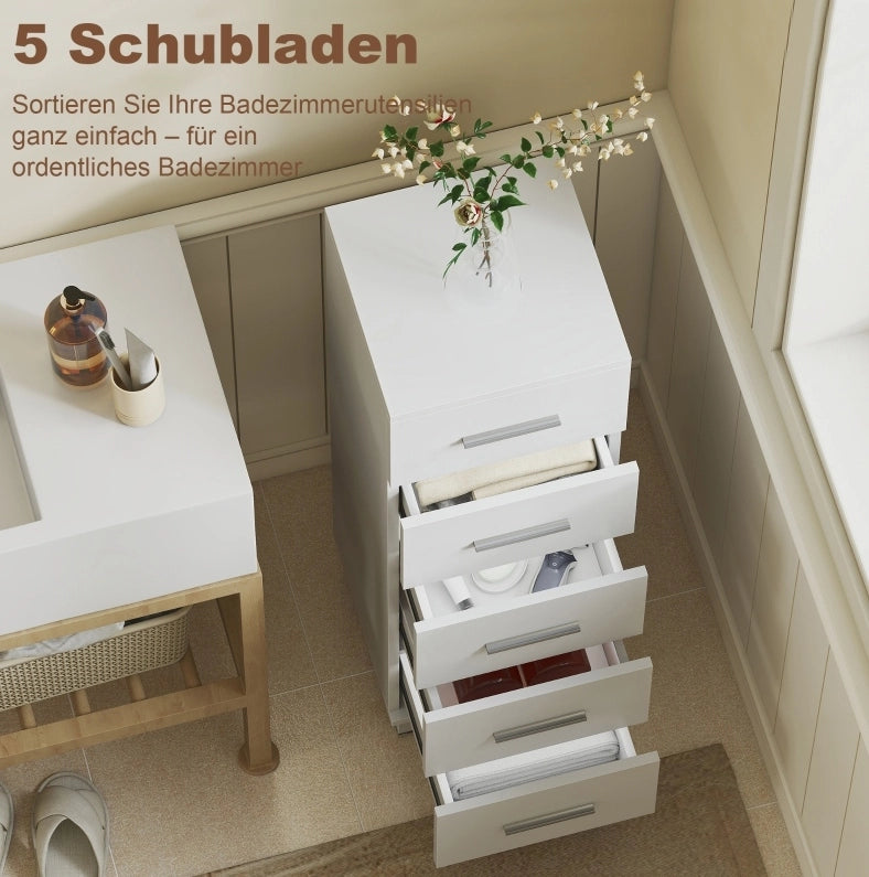 Mobiletto bagno stretto bianco con 5 cassetti 30 x 30 x 95 cm