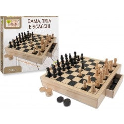 Scacchiera 3 in 1 in legno, dama,scacchi e tria, Teorema,Eta 4+