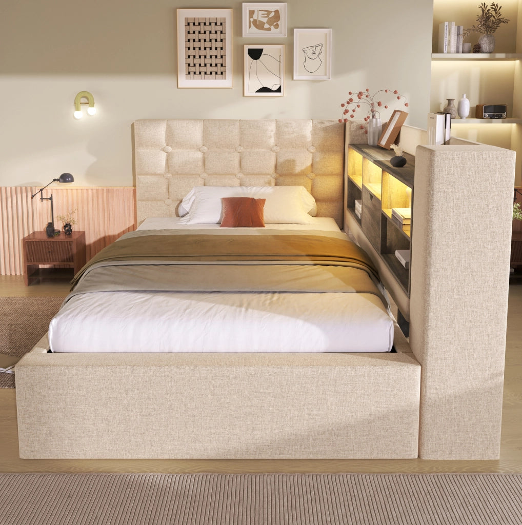 Letto singolo 90x200 cm in lino beige con LED; contenitore idraulico; USB e materasso