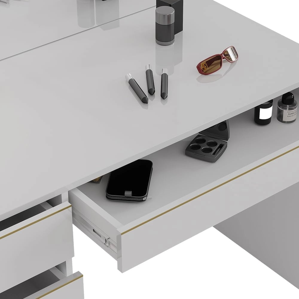 Set tavolino da toilette Sherry, Bianco/Oro, 120 cm con sgabello, inclusi sgabello e grande specchio per l’uso quotidiano
