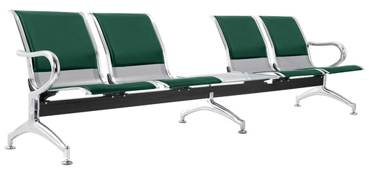 Panca per Sala Attesa 4 Posti da Ufficio con Cuscino e Tavolino in Acciaio e Similpelle Argento/Verde