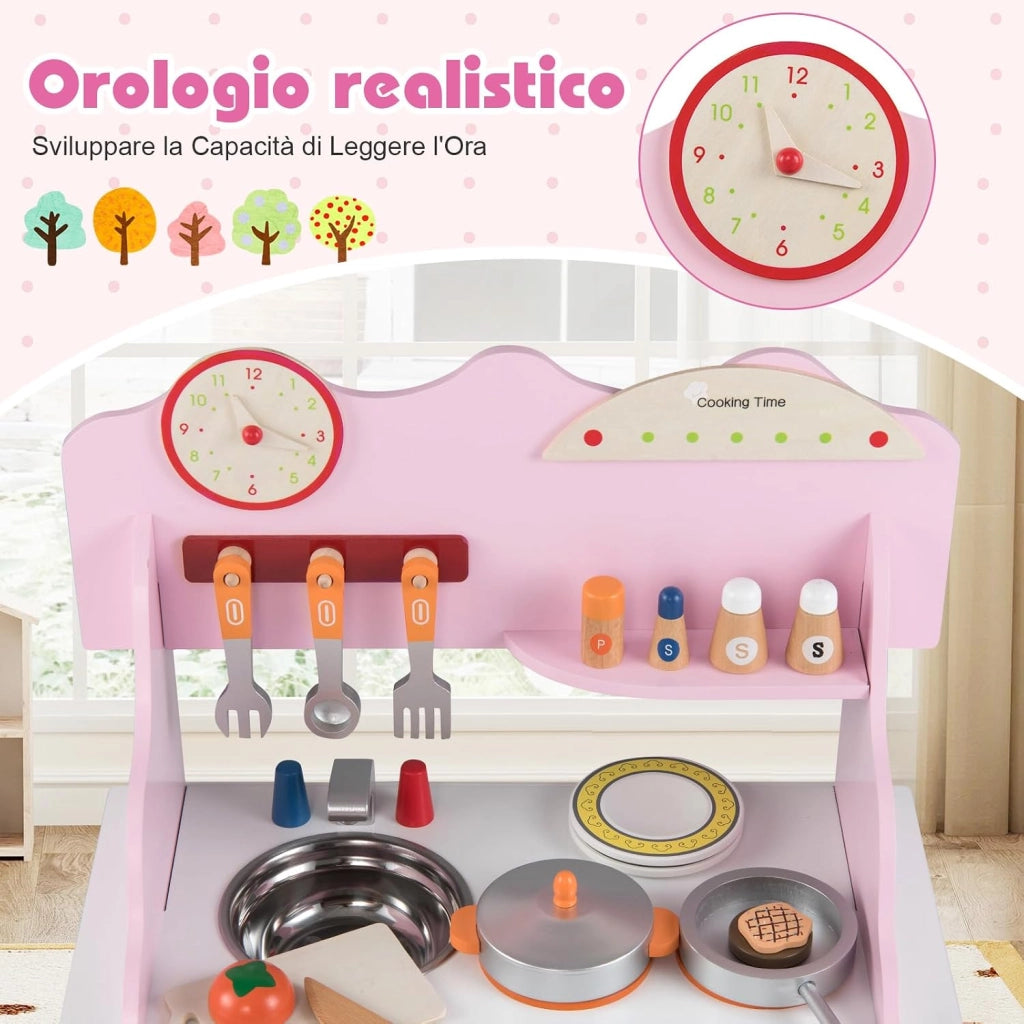 Cucina Giocattolo in Legno per Bambini, Set Gioco di Finzione con Orologio, Fornello, Porta Spezie e Accessori Completi, per Bambini 3+ Anni, 52 x 29,5 x 71 cm (Rosa + Bianco)