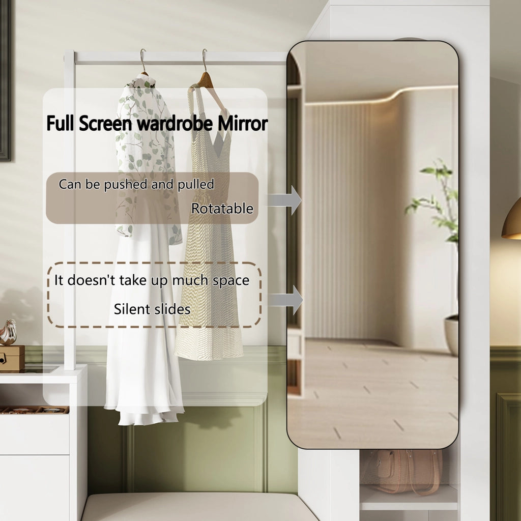 OKWISH Mobile da Ingresso con Vetrina, Panca Scarpiera, Specchio Girevole e LED, Pannello di Particelle, 163 x 50 x 161 cm, Bianco