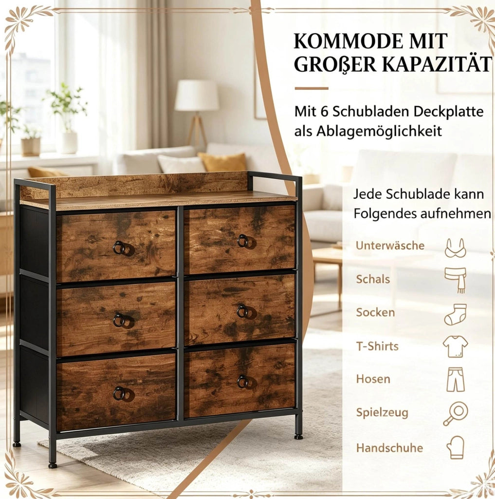 Mobile con 6 cassetti in legno ingegnerizzato e metallo, 80x29x78 cm, colore marrone rustico e nero