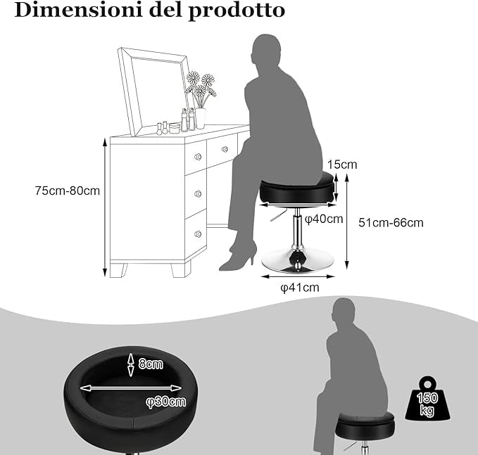 Sgabello Girevole Altezza Regolabile con Portaoggetti, Poggiapiedi Sgabelli da Trucco, Tavolino da Caffè, Sgabello da Lavoro Rotondo in Finta Pelle per Bar, Ufficio, Soggiorno, Camera (Nero)