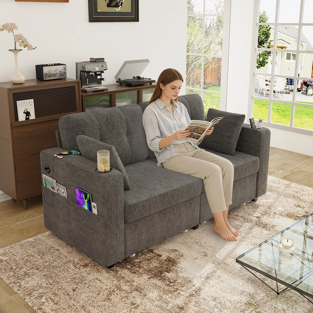 Divano 2 Posti con Cassetti Contenitore, Portabicchieri e USB ¨C Xylo ¨C Tessuto