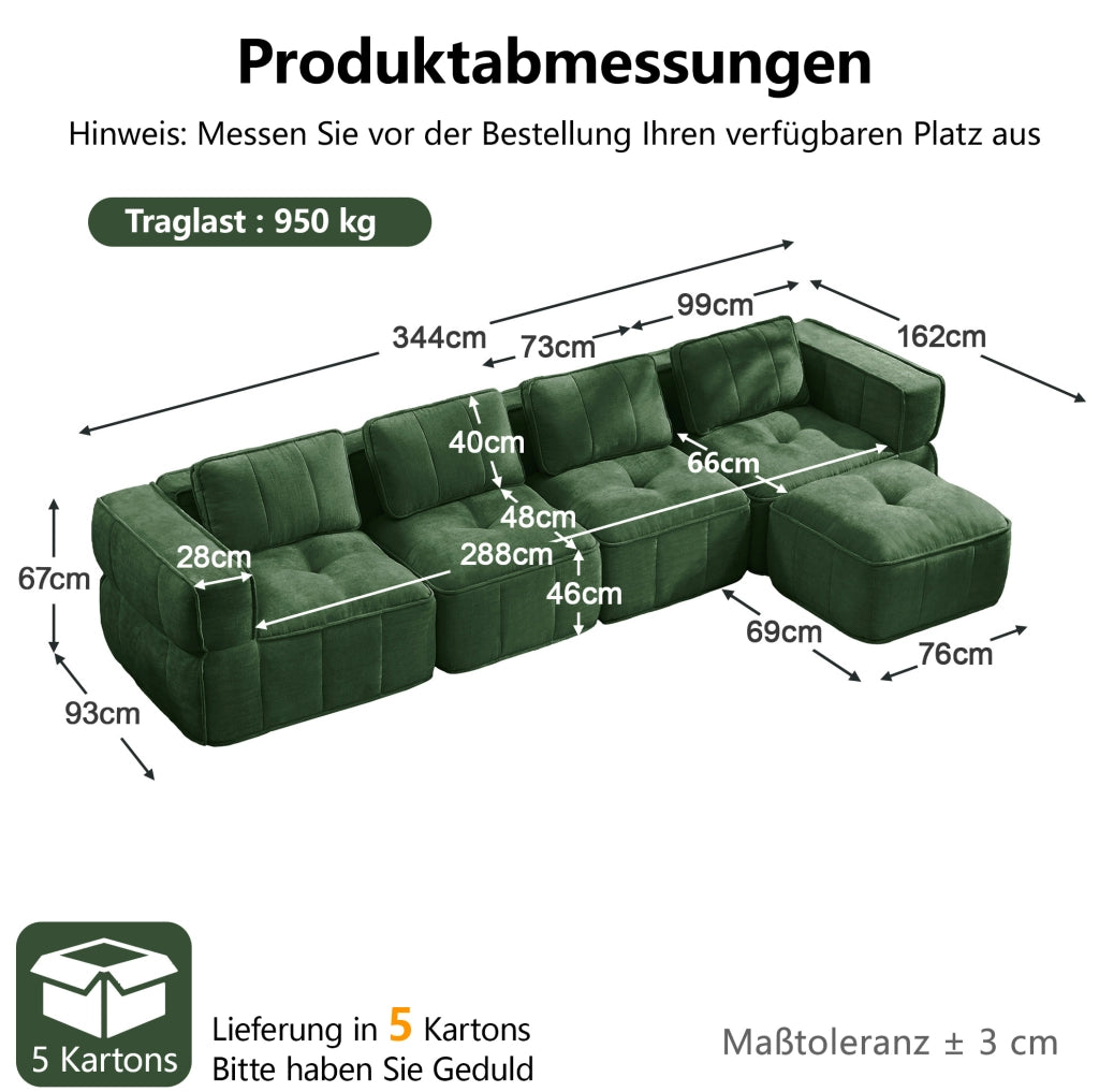 Divano modulare a L ULEVR 344x162 cm 4 posti con pouf, seduta profonda e braccioli larghi, verde