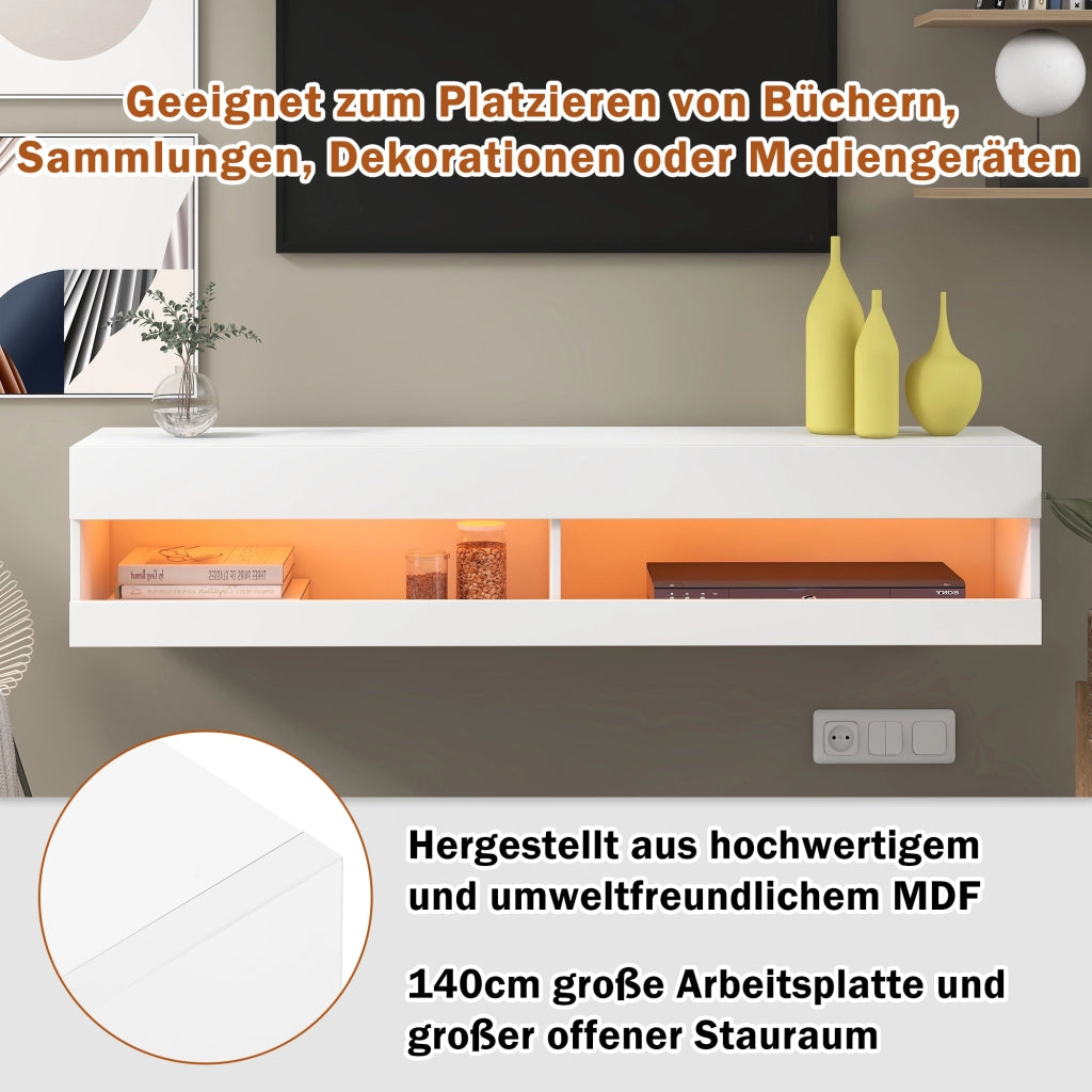 Mobile TV LED con 2 ante e nicchie portaoggetti per soggiorno, MDF, bianco, 140 × 40 × 30.5 cm