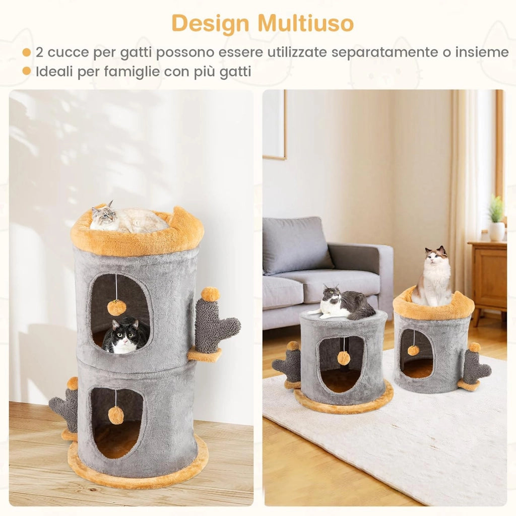 Cuccia per Gatti a 2 Piani, Albero per Gatti con 2 Comode Casette, 2 Palline Pendenti in Peluche, Piattaforma Imbottita in Peluche, Mobile Grotta per Gatti, Nascondiglio a Forma di Barile