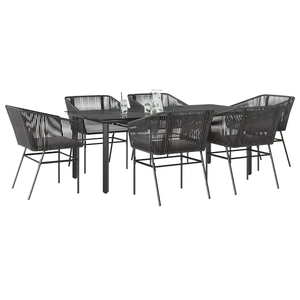 Set Pranzo da Giardino 7 pz Nero con Cuscini Polyrattan Vetro 3334616