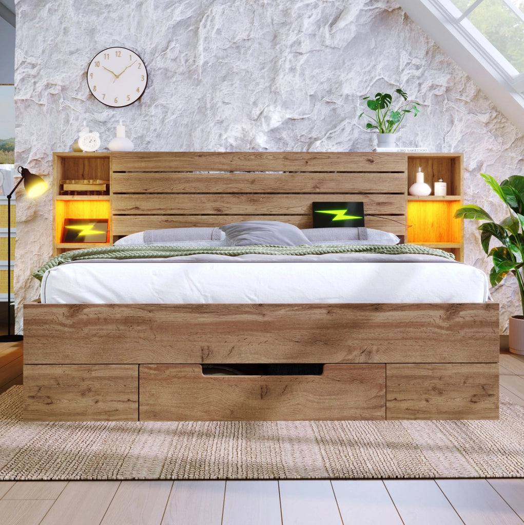 Letto matrimoniale 180x200 con testiera LED; USB e Type-C; cassetti e ripiani; rovere
