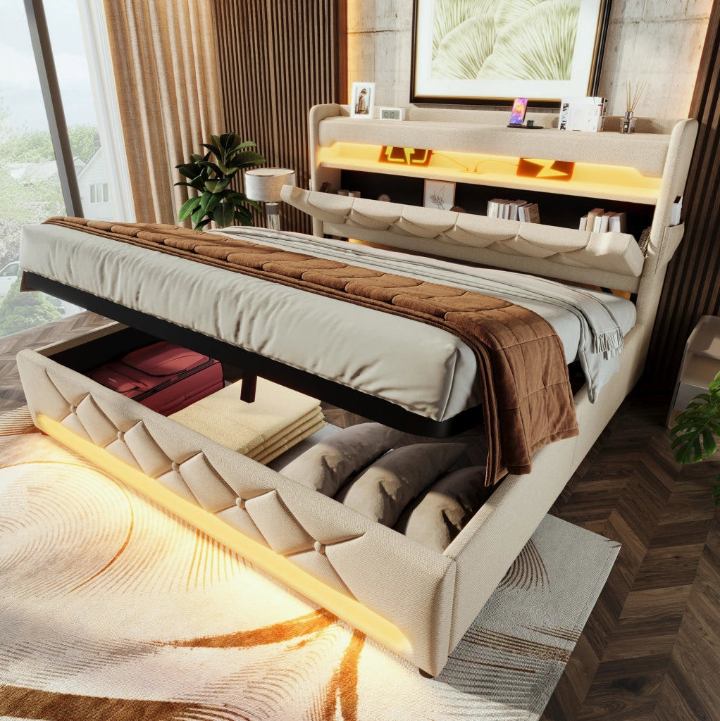 Letto matrimoniale 140x190 cm con contenitore; testiera con USB e Type-C; LED 360掳; beige in lino