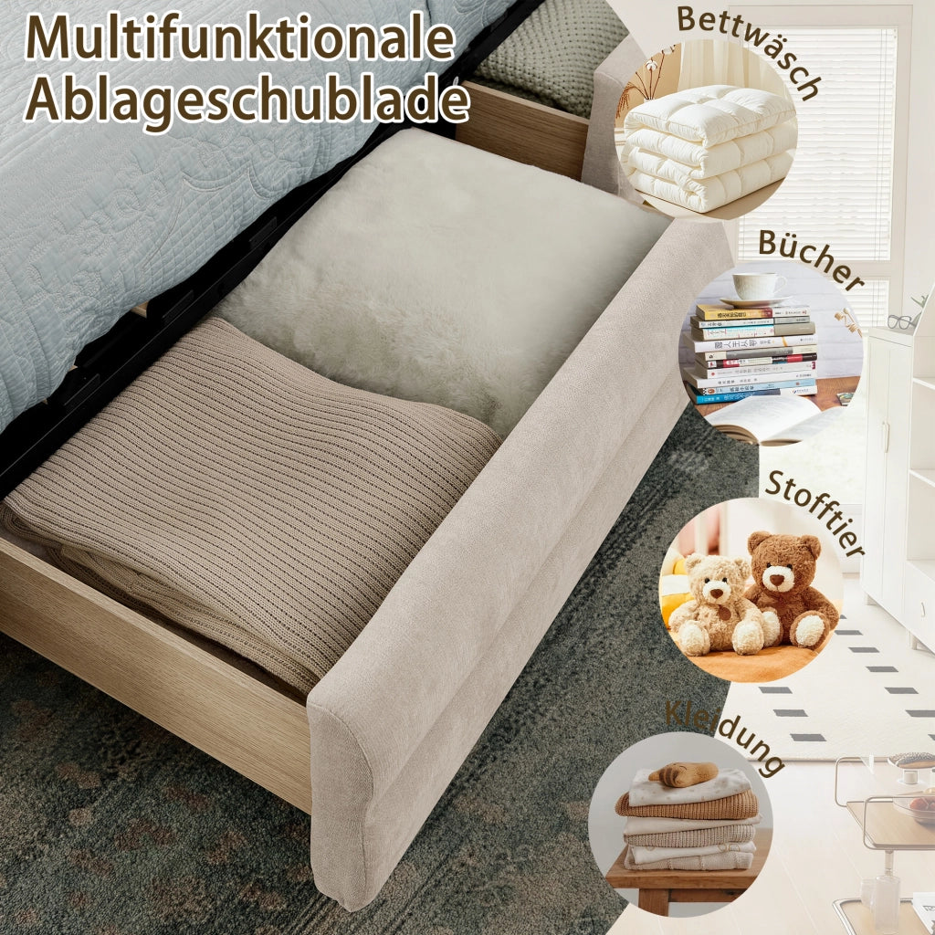 DESMIU Letto matrimoniale 140 × 200 cm 4 cassetti, USB e Type-C, senza materasso, in ciniglia, beige