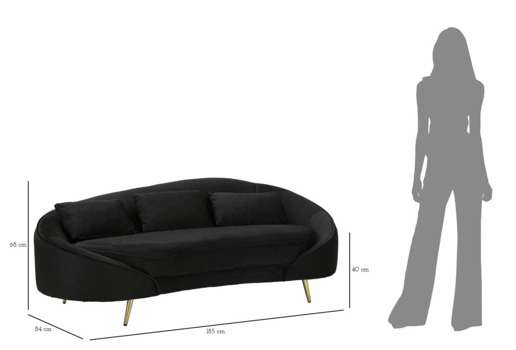 Divano fisso 3 posti Verte, Sofà dritto, Divanetto per salotto, Poltrona matrimoniale con contenitore, 185x84 h68 cm, Nero e Oro